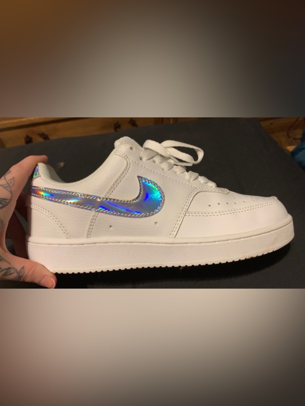 Nike White Low-Top Sneakers with Iridescent Swoosh